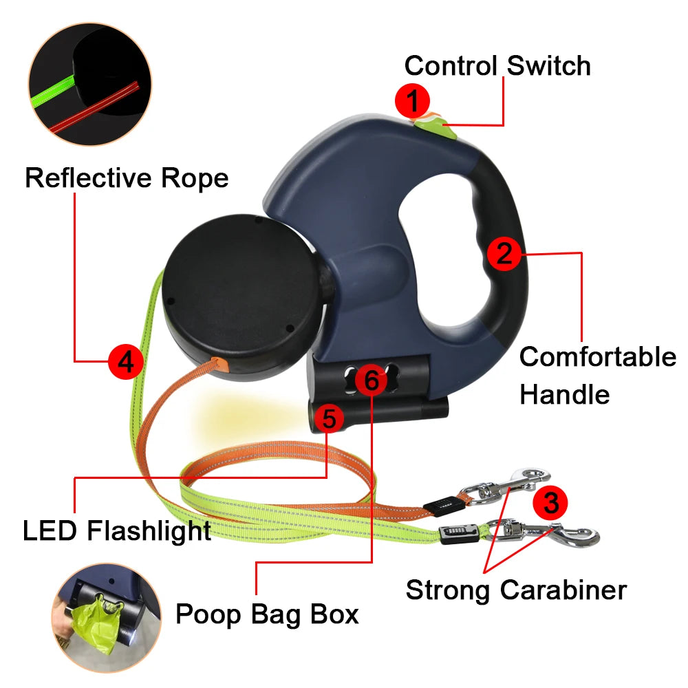 Dual Retractable Dog Traction Rope with Flashlight